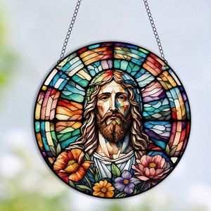 COPY - Jesus Christ Sun Catcher Flowers Stained Glass Look Acrylic Colorful New